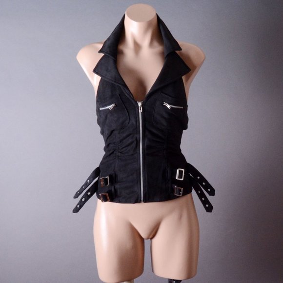 Black Halter Womens Moto Biker Punk Motorcycle Buckle Steampunk Vest Top Shirt - Picture 6 of 8